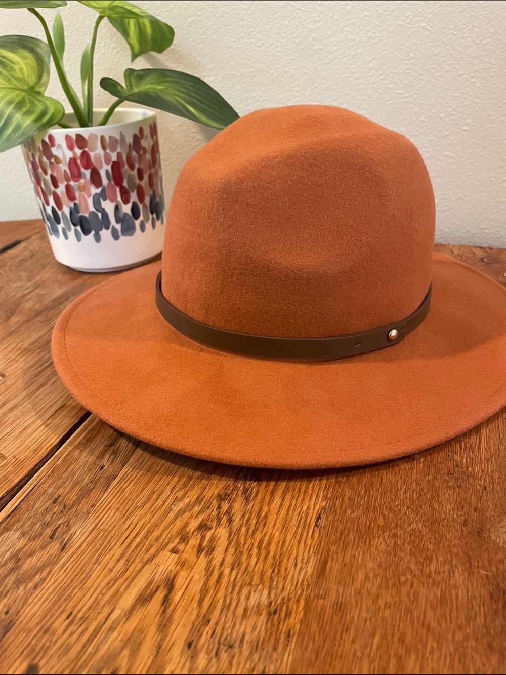 Altar'd State 100% Wool Fedora Hat – Burnt Orange/Rust – Brown Leather Band